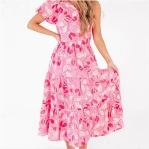 j. Marie Women's Size Small Pink Floral Print One Shoulder Ruffled Midi Dress